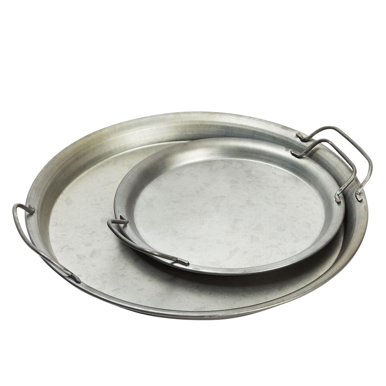 Set of 2 Round Serving Tray with Handles for Galvanized Rustic Style Home Decor, Kitchen Storage (Large and Small)